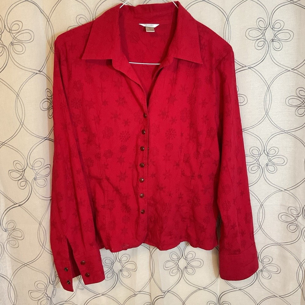 Christopher & Banks Red‎ Snowflake Long Sleeve Shirt Blouse Top Snap Holiday XL